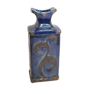 Blue & Black Rectangular Ceramic Vase With Decorative Scroll Design